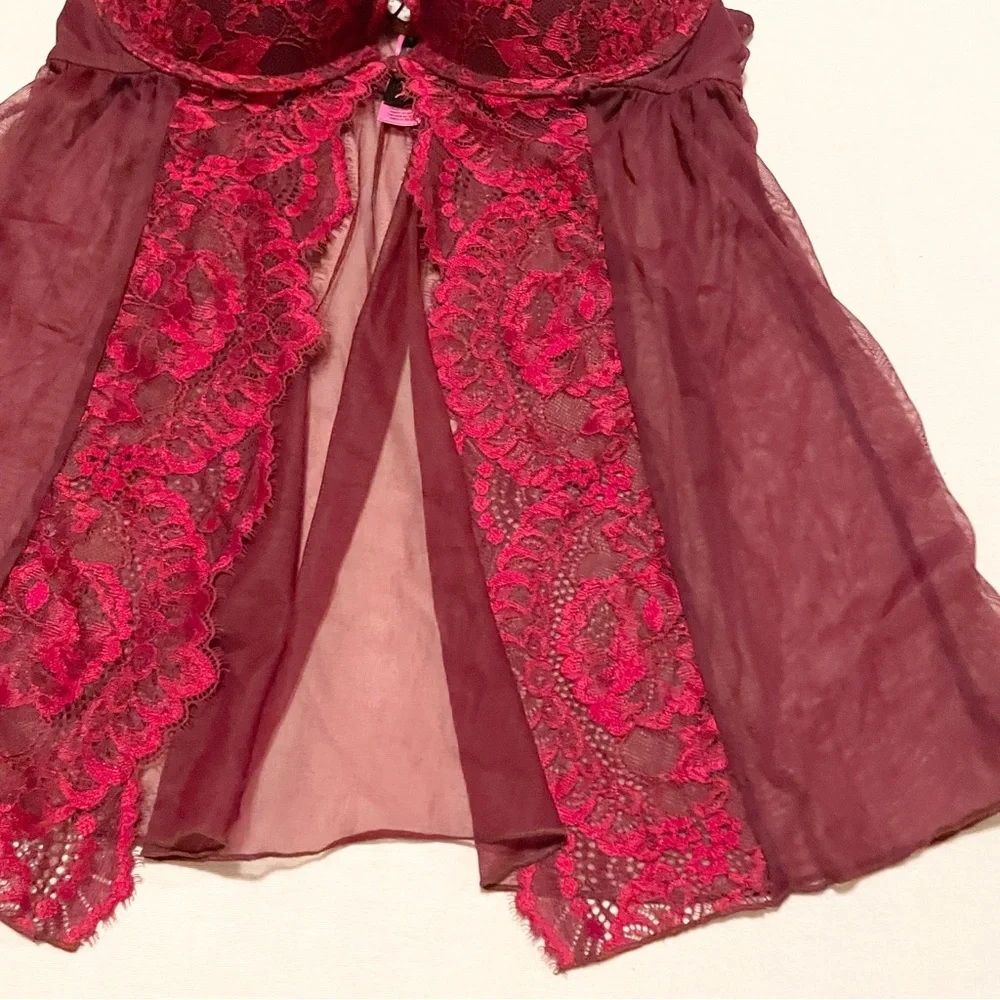 La Senza Burgundy Lace & Mesh Flyaway Babydoll Size M - Picture 6 of 15